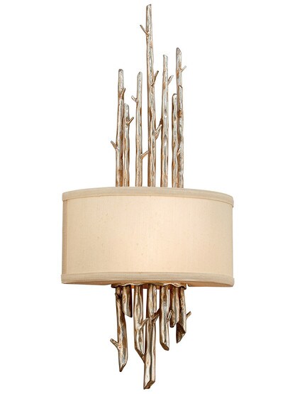 Adirondack Sconce with Linen Shade in Silver Leaf.
